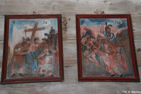 Kościółek św. Leonarda - Obrazy drogi krzyżowej pędzla nieznanego ludowego artysty
