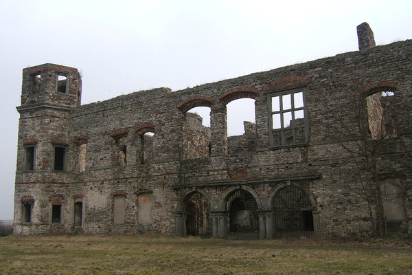 Ruiny pałacu w Podzamczu Piekoszowskim - Pałac na planie prostokąta z sześciobocznymi wieżami