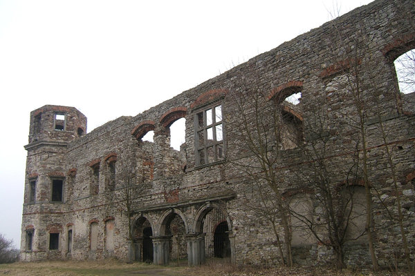 Ruiny pałacu w Podzamczu Piekoszowskim - Dziewięcioosiowa elewacja frontowa jest zwrócona na zachód