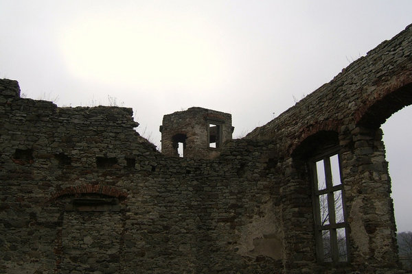 Ruiny pałacu w Podzamczu Piekoszowskim - Oryginalna dziewięciodzielna kratownica okienna