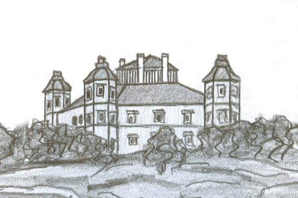 Ruiny pałacu w Podzamczu Piekoszowskim - Rysunek - A. Markiton, na podstawie drzeworytu J.N. Lewickiego