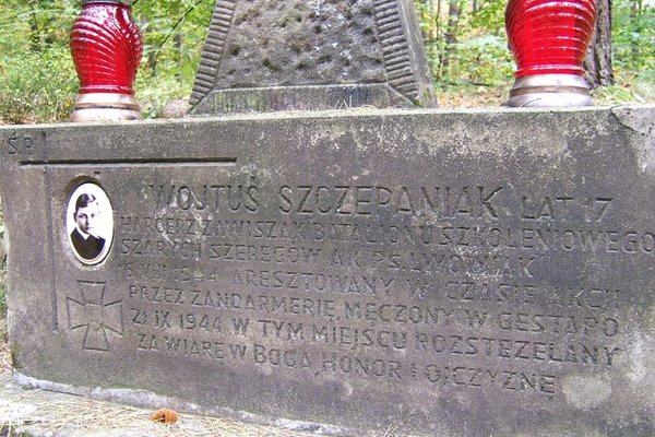 Pomnik upamiętniający fakt rozstrzelania w dniu 21 września 1944 17- letniego harcerza Szarych Szeregów Wojciecha Szczepaniaka ps. „Lwowiak - Fot. A. Markiton