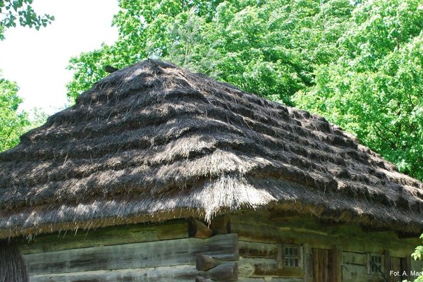 Zagroda z Sukowa - Czterospadowy dach pokryty słomą ułożoną schodkowo