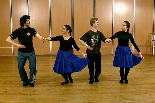 Polonez - przeprowadzenie tancerki z prawej na lewą i z lewej na prawą stronę z przechwytem - Portal Informacji Kulturalnej