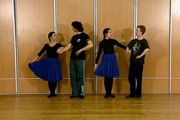 Polonez - oprowadzenie tancerki w drugim trzymaniu połączone z krokiem podstawowym w trzymaniu pierwszym - Portal Informacji Kulturalnej